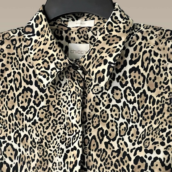 Chico's No Iron Cheetah Animal Print Shirt-Tunic Size Small Top Leopard Buttonup - Picture 2 of 8